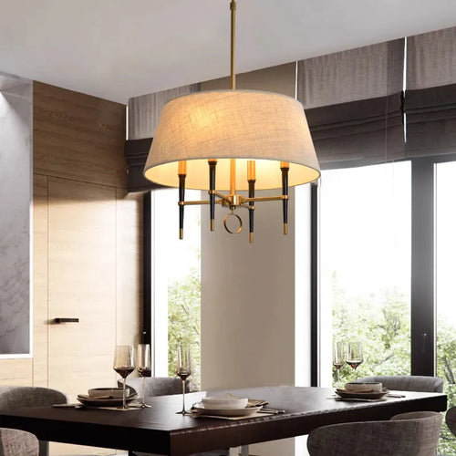 Nouveau brun clair couverture en tissu circulaire suspension lampe salon chambre lustres cuivre suspension lampe de style chinois plafonnier