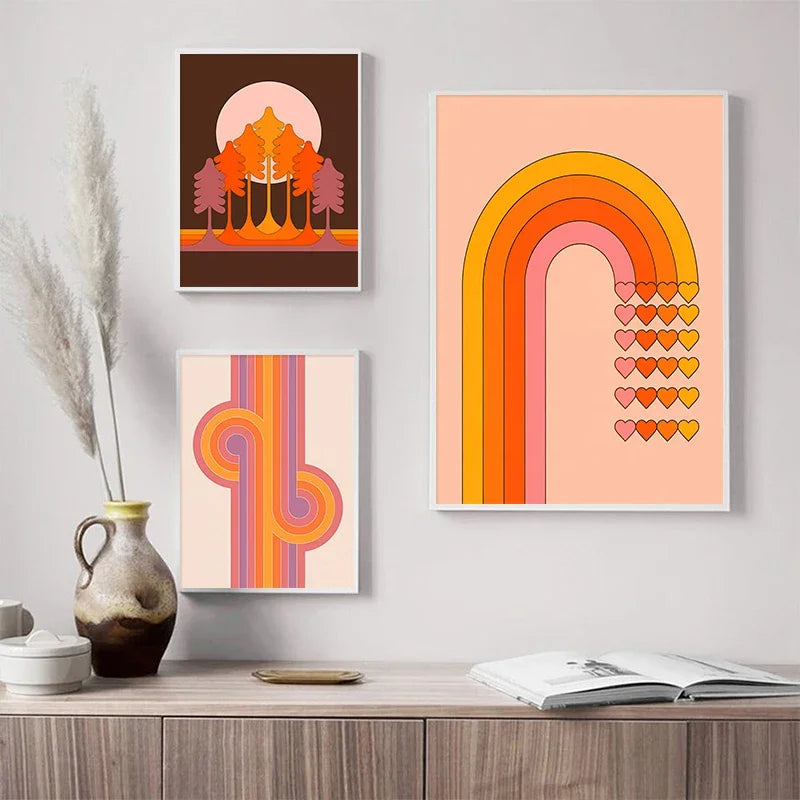 impressions d'art rétro coucher de soleil fleurs et papillons décor mural boho