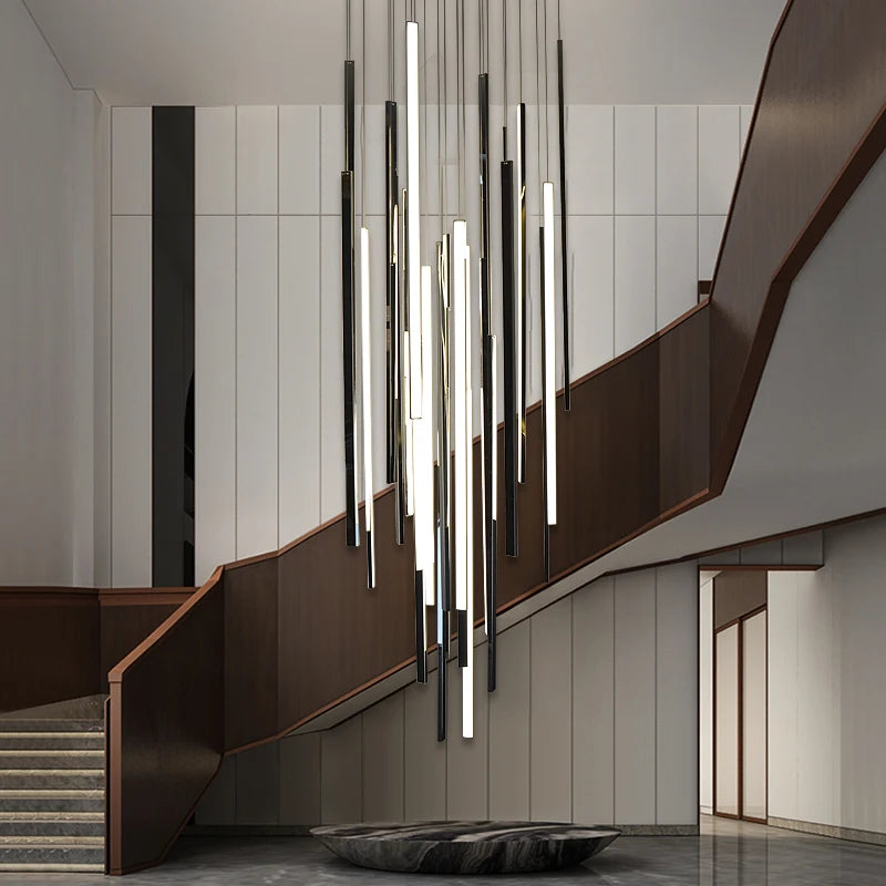 lustre long duplex moderne en acier inoxydable pour villa