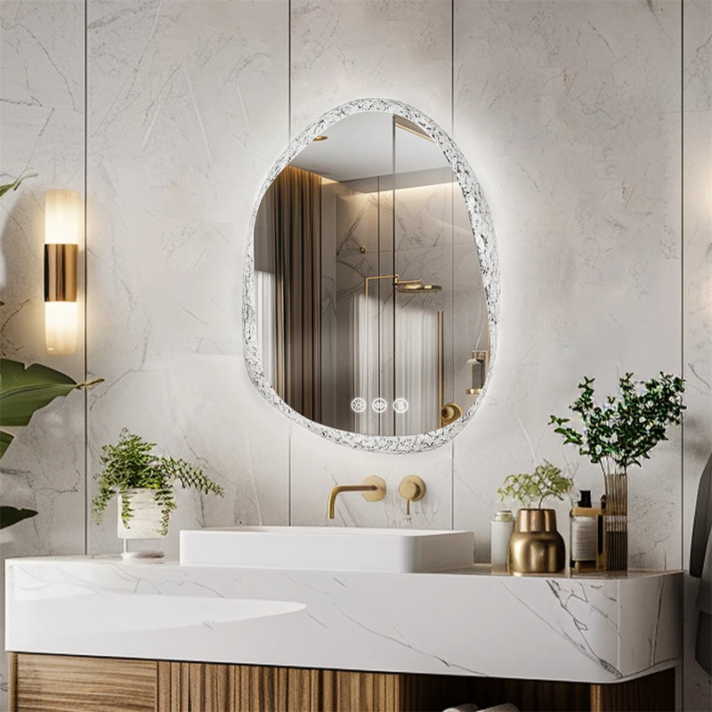 miroir à led irrégulier avec cadre en verre rétroéclairé réglage 3 couleurs