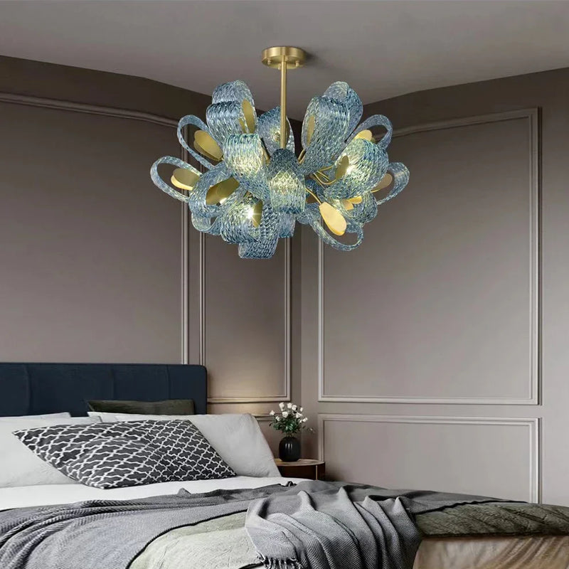 lustre moderne en verre design feuille de paon led suspendu