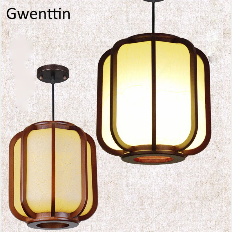 suspension en bois style chinois avec lanterne en peau de mouton
