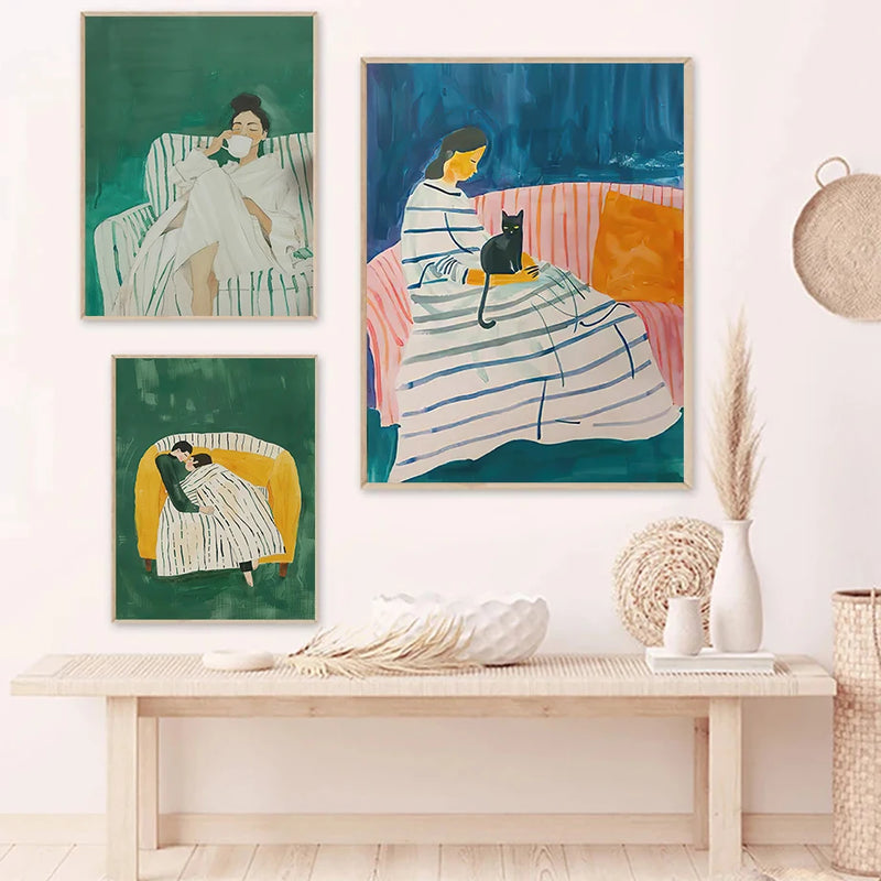 art mural abstrait femme chat pour décoration intérieure