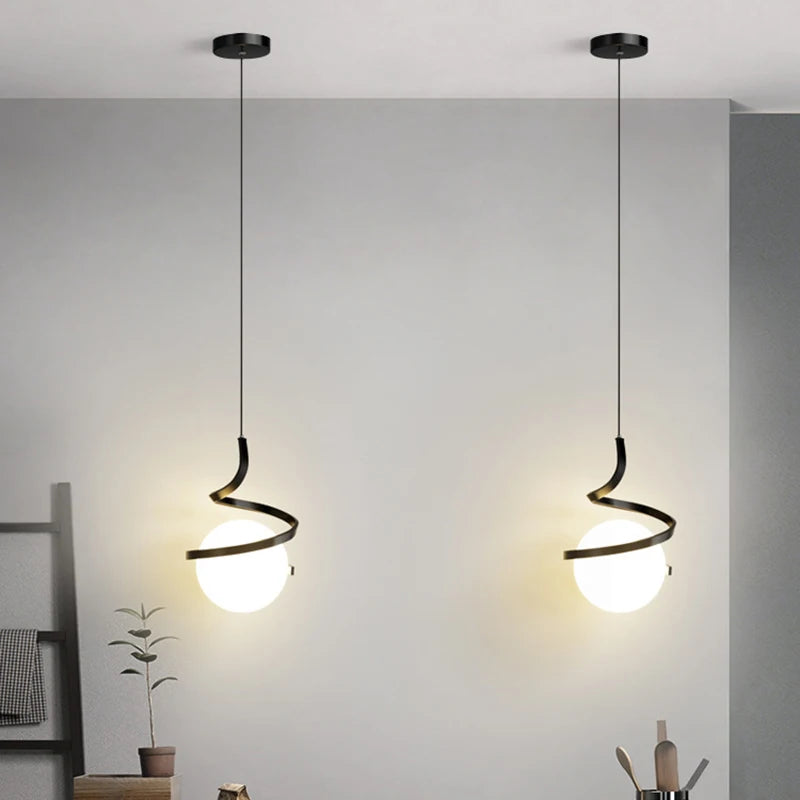 Nordique décoration de la maison spirale suspension LED haut plafond lampes suspendues pour éclairage de chevet noir blanc or verre abat-jour