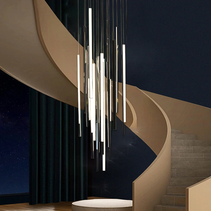 lustre long duplex moderne en acier inoxydable pour villa