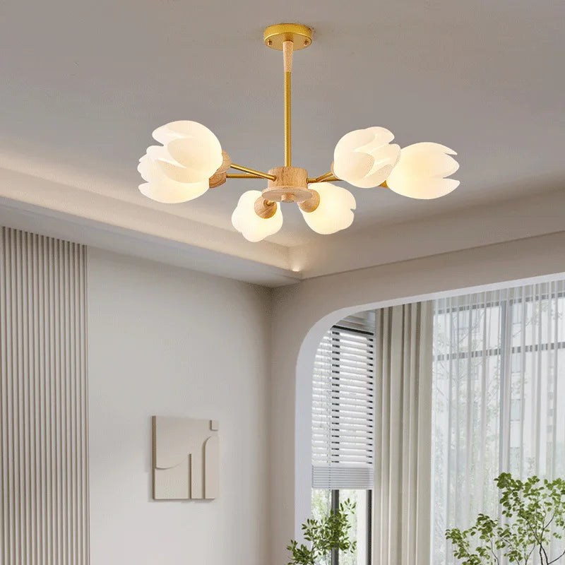 lustre nordique en bois avec lumière en forme de fleur