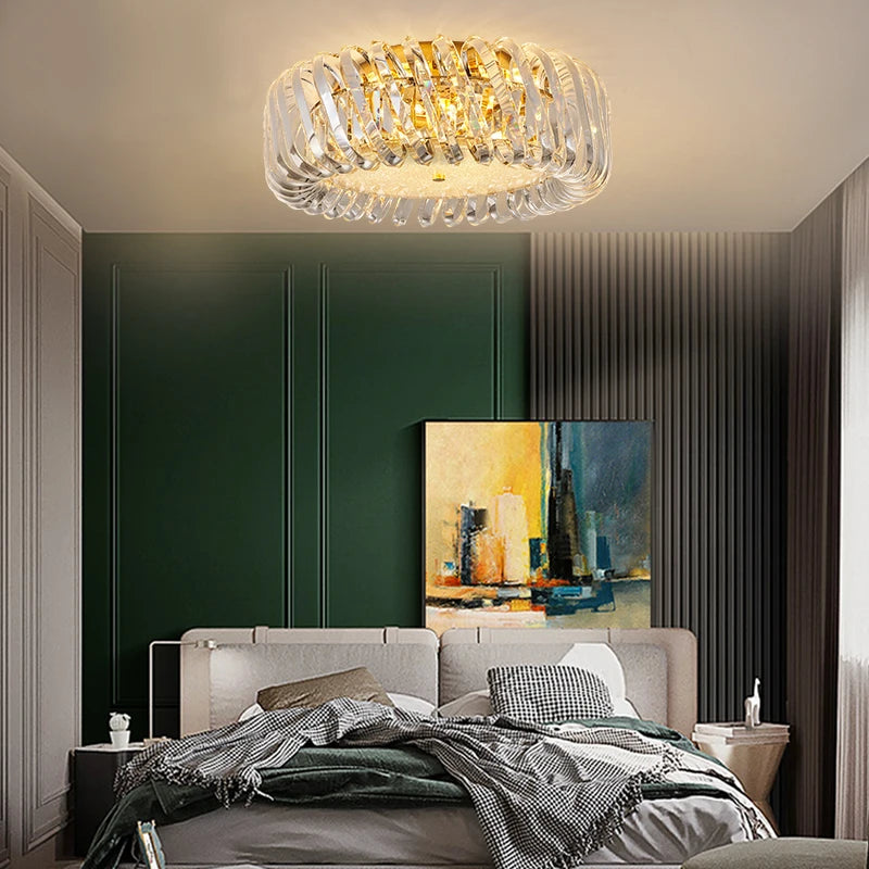 plafonnier moderne rond en cristal doré à led dimmable