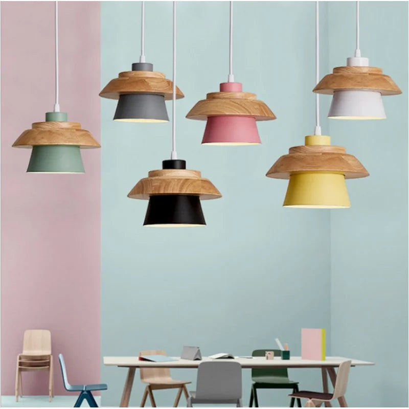 Nordique fer LED lustre couloir couloir entrée Restaurant lustre Simple Macaron en bois Sandwich lustre