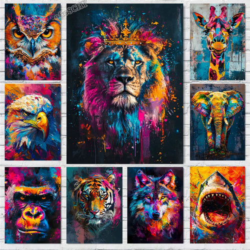 peinture abstraite animaux chat lion graffiti art mural coloré