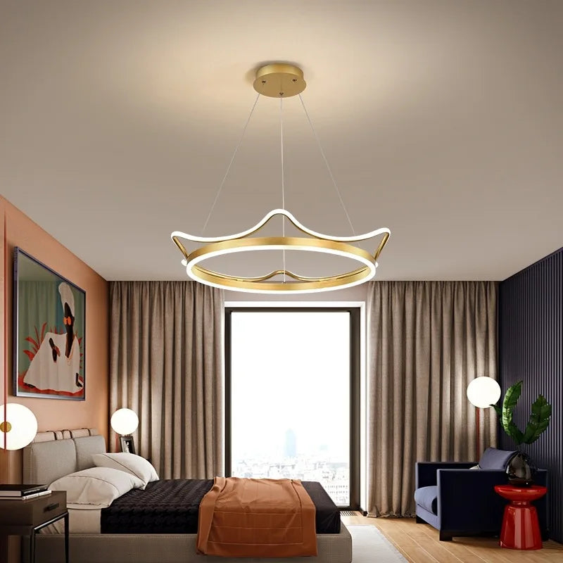 Nordique moderne LED or rose en acier inoxydable suspension bande couronne forme anneau lustre bébé enfants chambre plafonnier