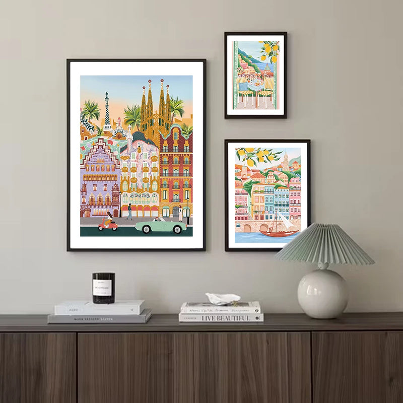 peinture artistique rétro de ville côtière avec navire