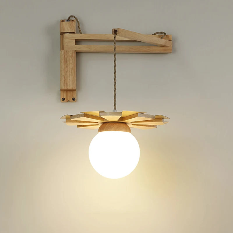 Applique murale suspendue en bois nordique avec bras oscillant applique murale LED pour chevet salon étude couloir abat-jour en verre blanc laiteux