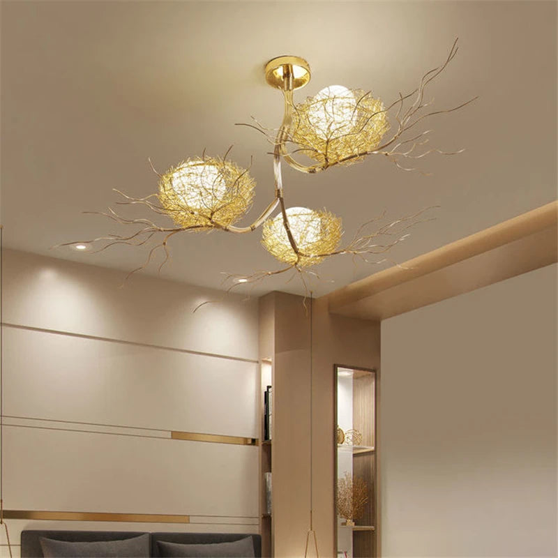 lustre moderne led en forme de nid d'oiseau en verre