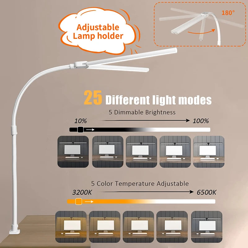 LAOPAO Lampe de bureau LED à double tête Lampes de bureau d'architecte EU/US Bureau 24W 5 modes de couleur les plus lumineux et 5 lampes de protection des yeux à intensité variable