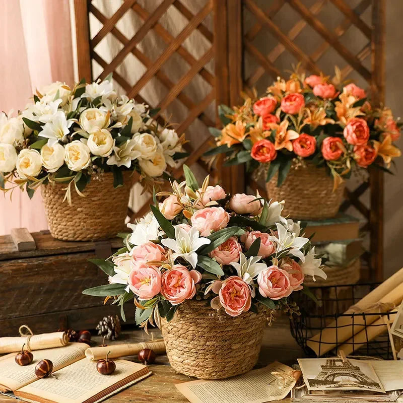 bouquet de pivoines et lys en soie pour saint-valentin