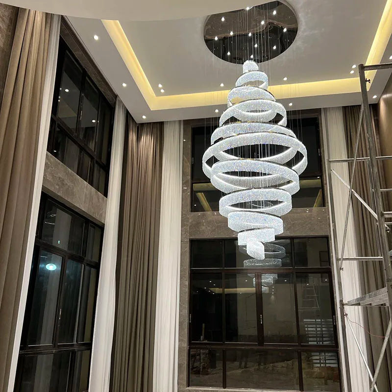 Escalier de luxe LED en Cristal lustre pour salon hall grand anneau moderne Cristal suspendu éclairage Chrome longue lampe d'intérieur