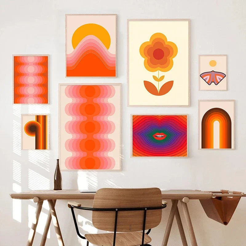 impressions d'art rétro coucher de soleil fleurs et papillons décor mural boho