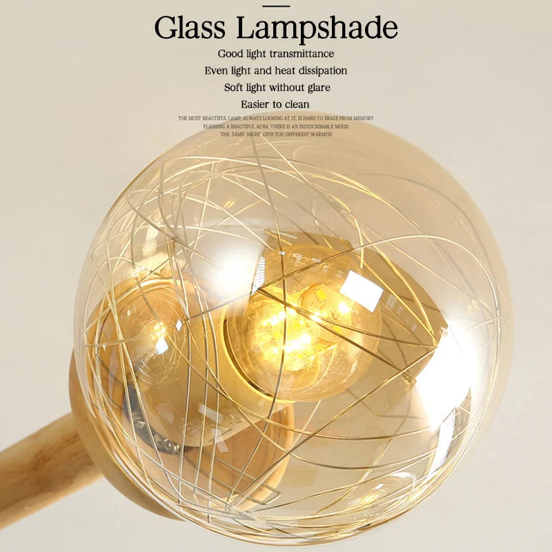 lustre moderne en bois avec abat-jour en verre pour décoration maison