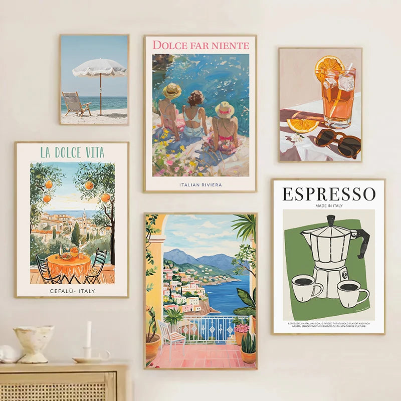 affiche vintage de voyage en italie paysage et gastronomie