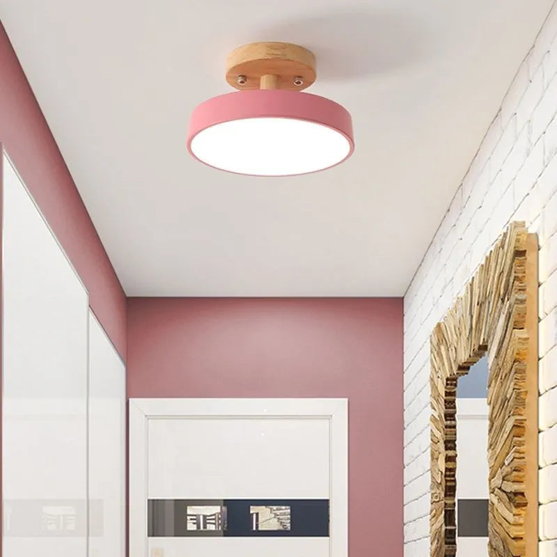Nordique LED Plafonnier En Bois Minimaliste Rond Macaron Allée Chambre Lampes Pour Balcon Salon Étude Décor Luminaires Lustre