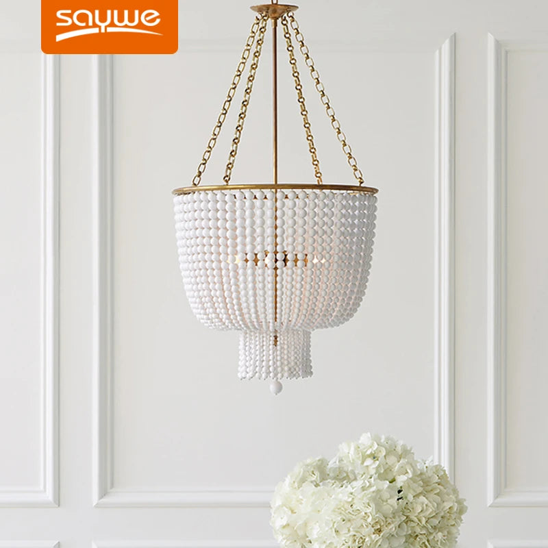 Moderne rétro rond E14 LED salon doré/chrome lustre lampe en cristal transparent perle en bois lustre