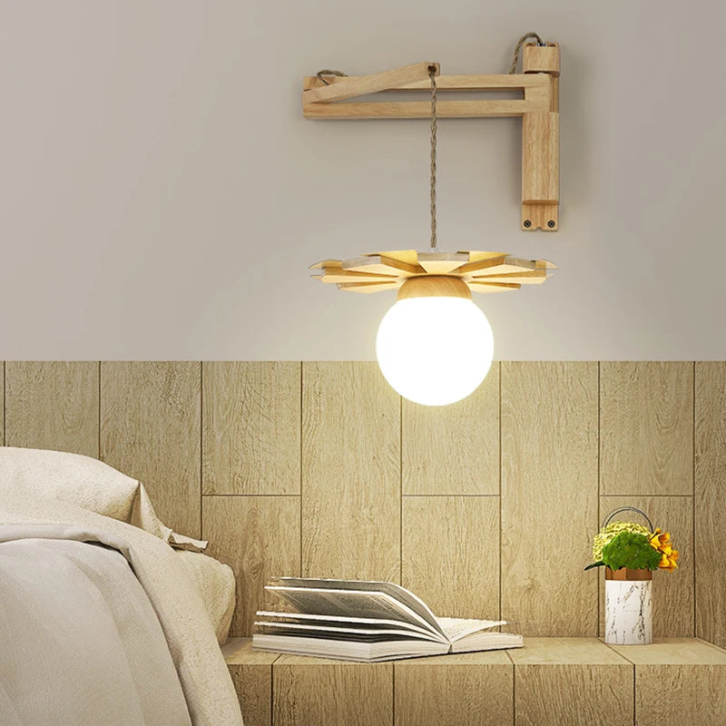 Applique murale suspendue en bois nordique avec bras oscillant applique murale LED pour chevet salon étude couloir abat-jour en verre blanc laiteux