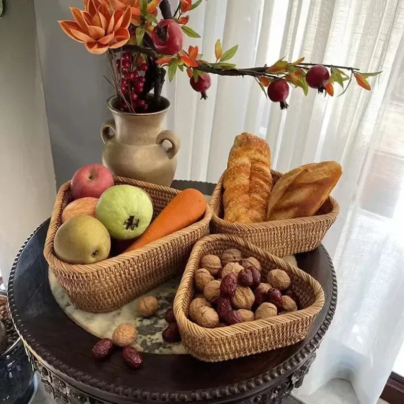 panier en rotin rectangulaire tissé à la main pour rangement et pique-nique