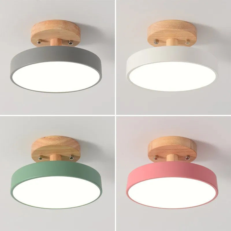 Nordique LED Plafonnier En Bois Minimaliste Rond Macaron Allée Chambre Lampes Pour Balcon Salon Étude Décor Luminaires Lustre