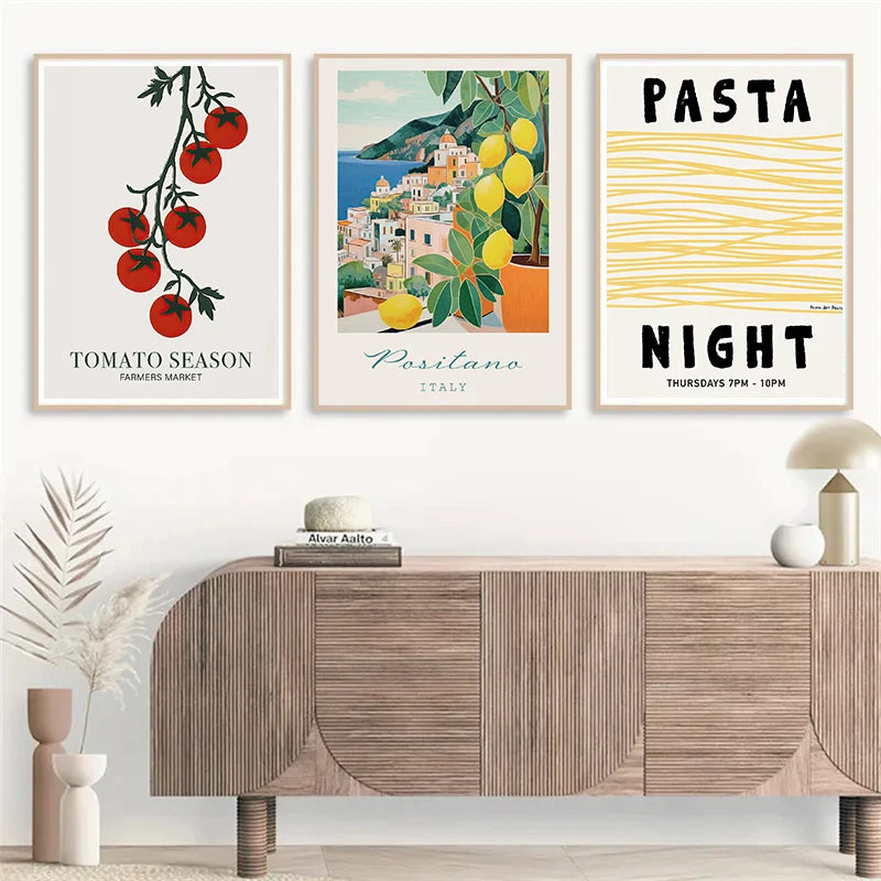 affiche vintage italienne paysage nourriture et café méditerranée