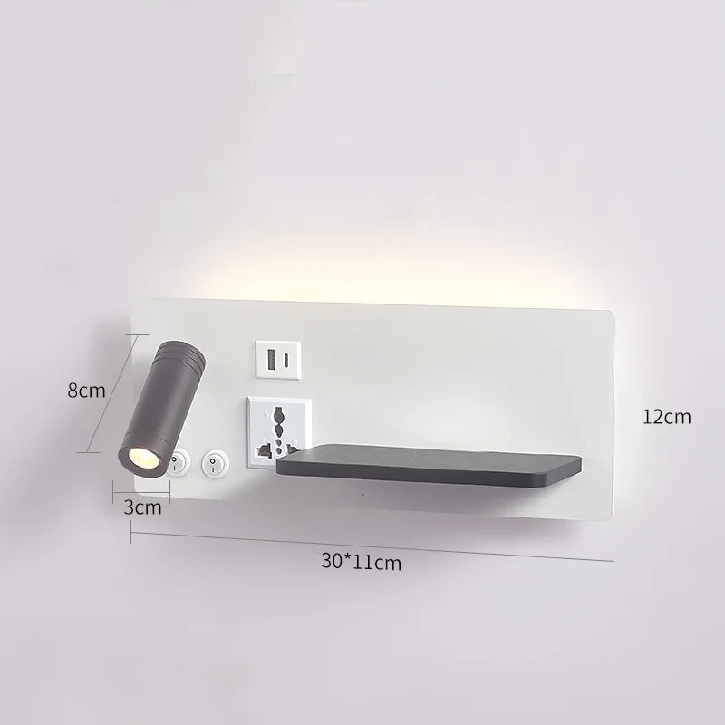 lampe de chevet murale avec chargement sans fil usb type-c et projecteur rotatif