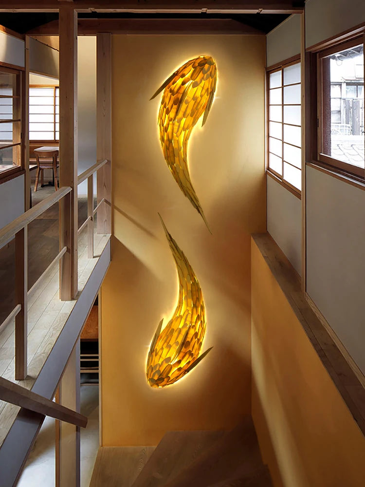 applique murale led bambou design nordique tissée main forme poisson