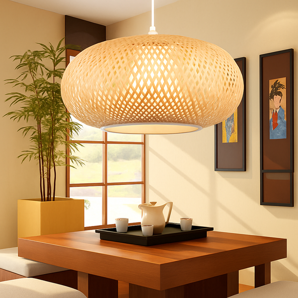 Lampe Suspension Beliani Batal En Rotin Naturel Et Velours Jaune - Lumière Douce
