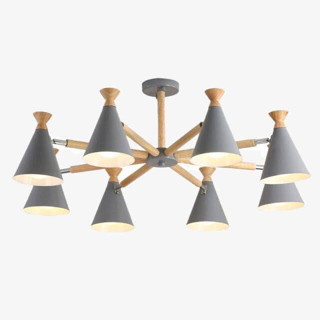 Modern wooden LED chandelier with lampshade coloured metal