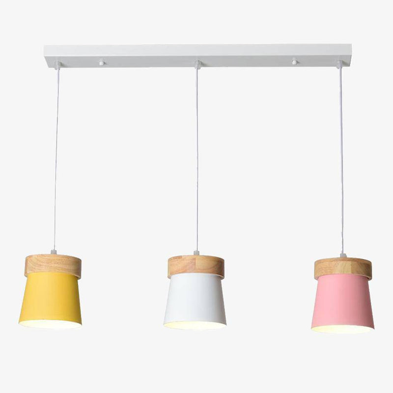 Triple LED pendant light in wood and color metal