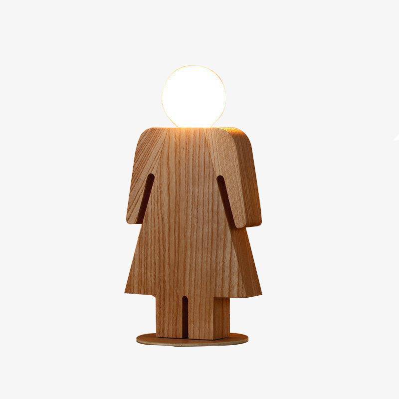 Wooden bedside lamp in the shape of a girl logo