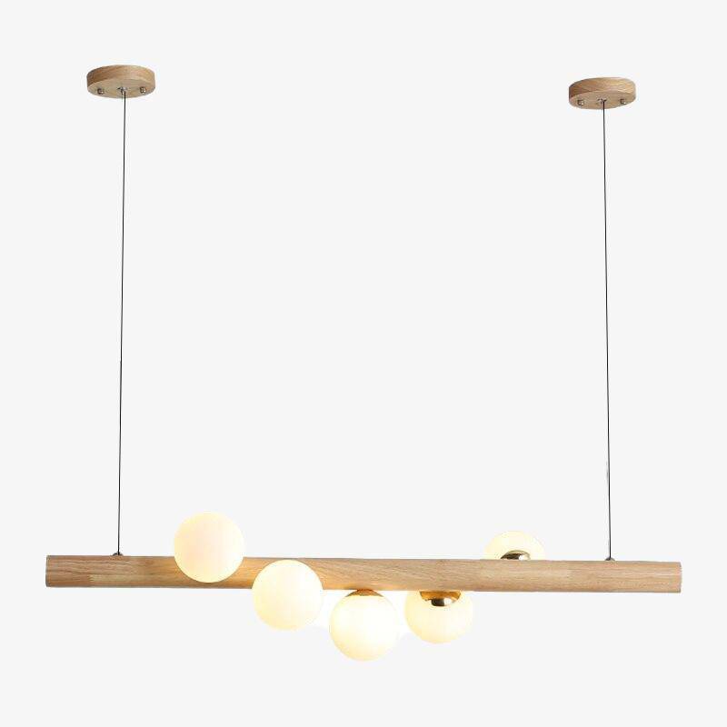 Wooden LED chandelier with several spheres in Scandinavian style