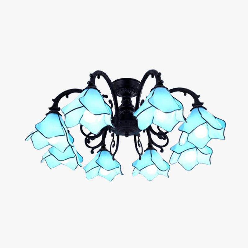 Araña de LED con lámparas de cristal en forma de flores (azul, rosa o amarillo)