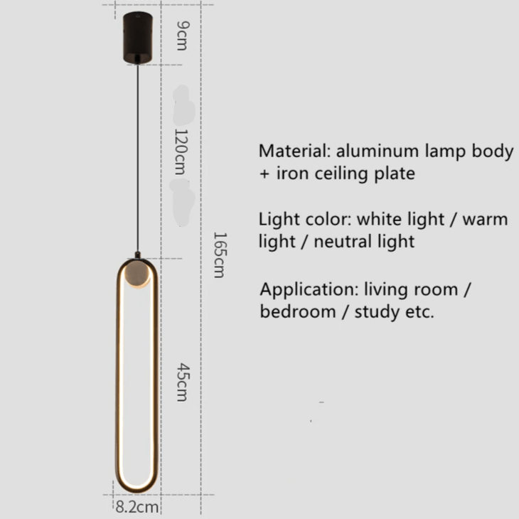 pendant light modern LED design in black or gold elongated ring Hang