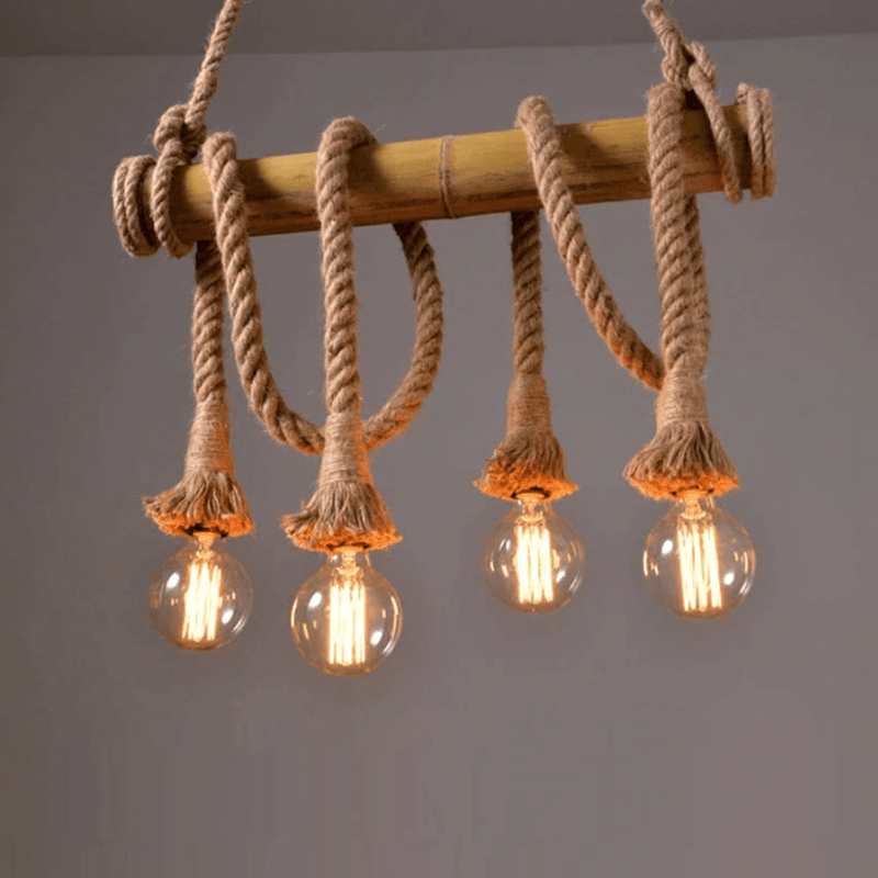 Lámpara de suspensión LED rústico con soporte de bambú y cuerda Decoración