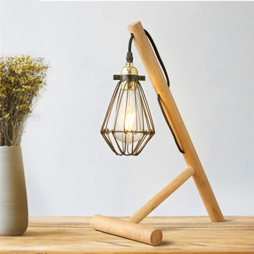 Lámpara de escritorio o de cabecera con base de madera y jaula de metal