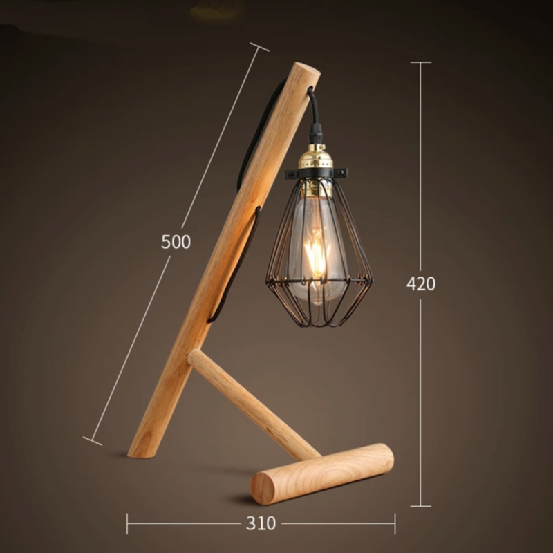 Desk or bedside lamp with wooden foot and metal cage lamp