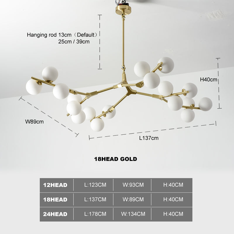 Modern LED chandelier with metal branches and Yolan glass lamps