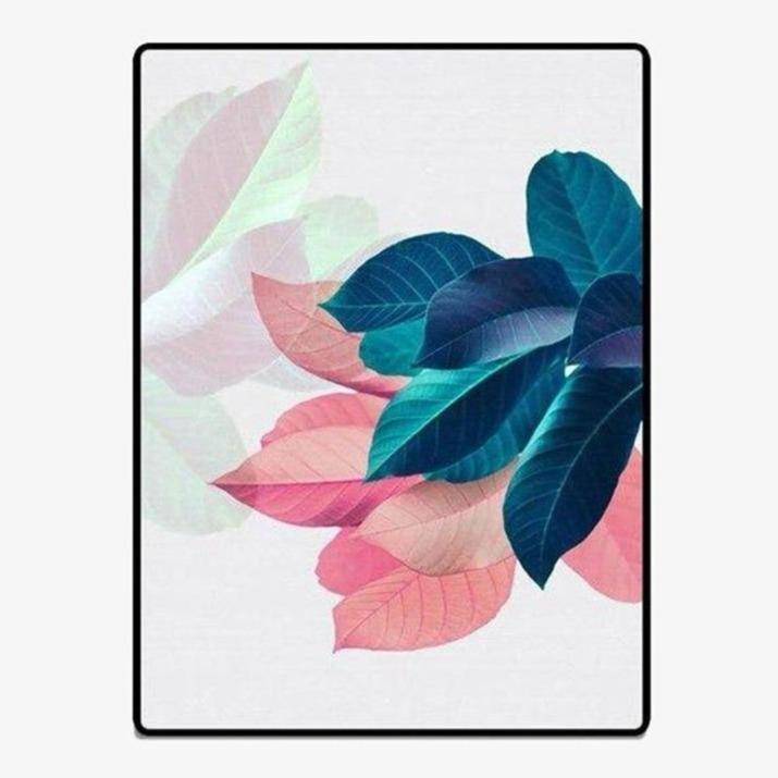 Modern rectangle rug with blue and pink leaves Anto