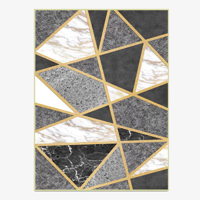 Alfombra moderna rectangular gris y dorada estilo geométrico mármol