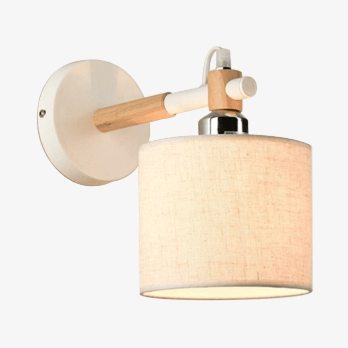 wall lamp wood and metal wall with lampshade cylindrical fabric