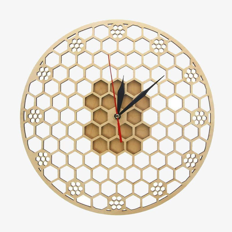 Round wooden wall clock with hexagons 30cm Honey