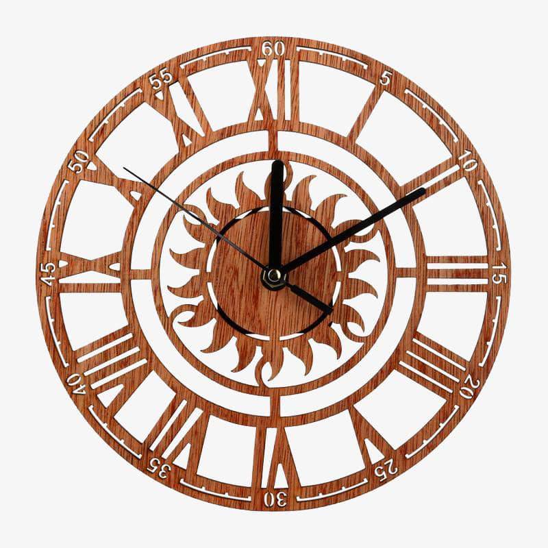 Round wooden wall clock with sun and Roman numerals Novel