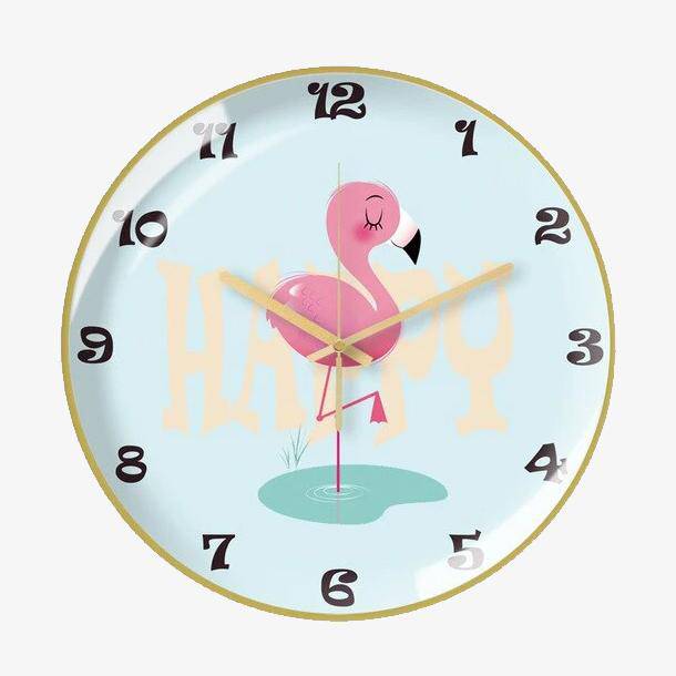 Colourful round metal clock with pink flamingo 30cm Happy