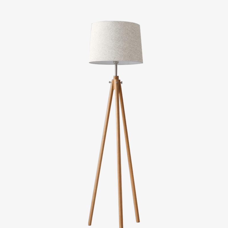 Lámpara de pie moderna con pantalla de tela y tres patas de madera Tela