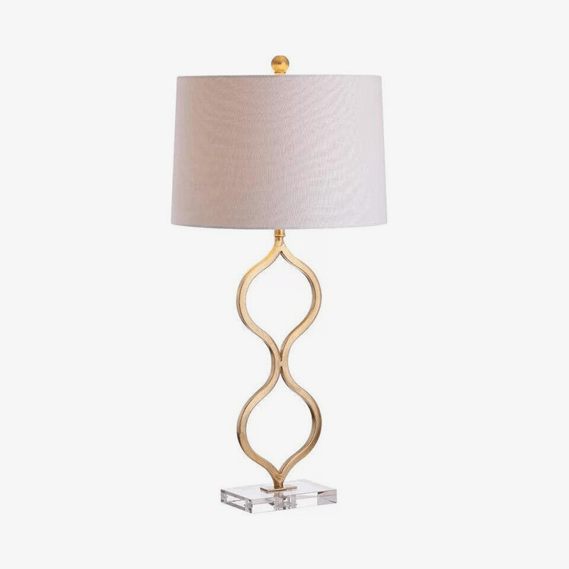 LED design table lamp with curved gold stem and lampshade